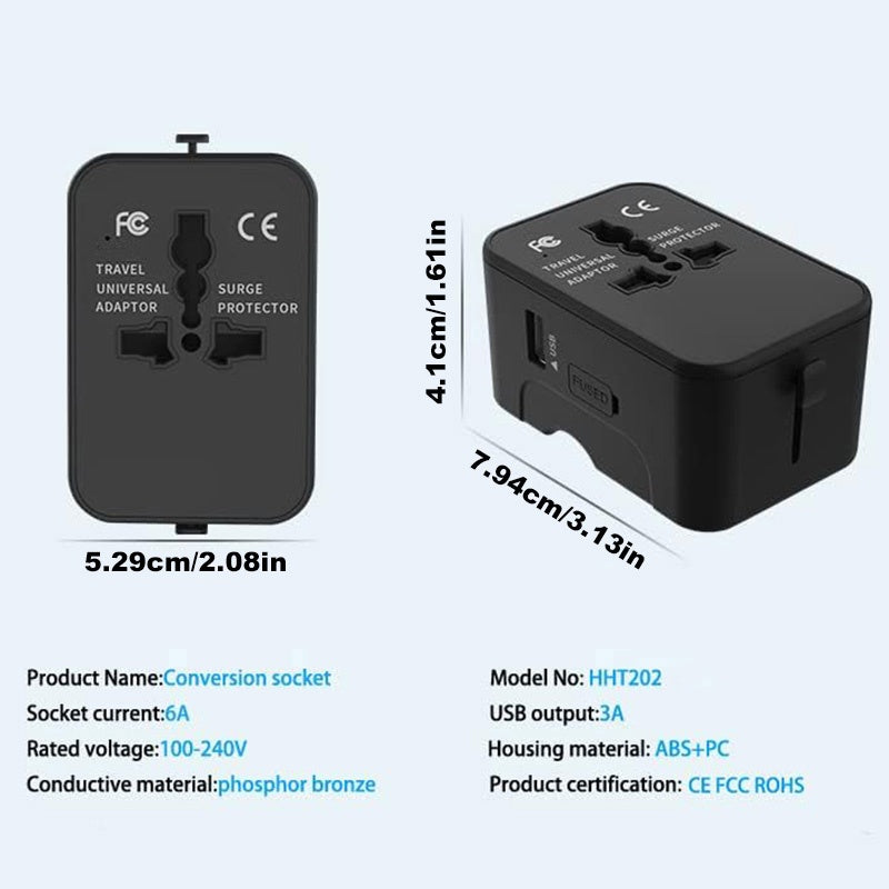 Universal Travel Adapter – Portable Worldwide All‑in‑One Plug Adapter with USB‑C &amp; 3 USB Ports