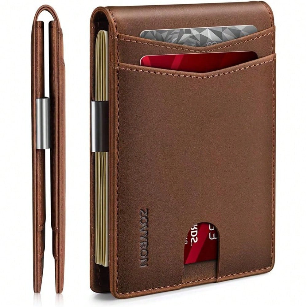 Slim Bifold Leather Wallet for Men – RFID Blocking & Money Clip Convenience