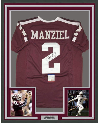 Framed Autographed/Signed Johnny Manziel 35x39 Texas A&M Maroon College Football Jersey PSA/DNA COA