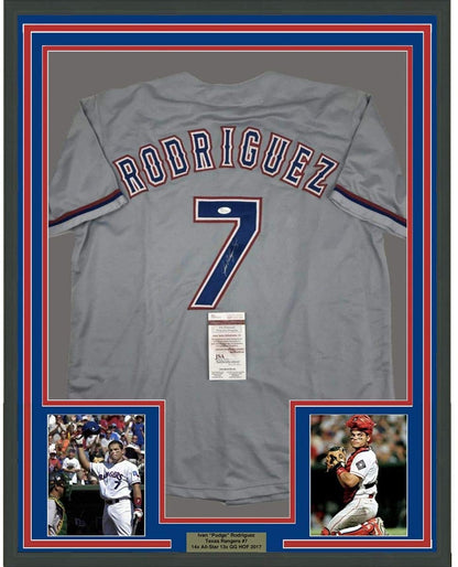 Framed Autographed/Signed Ivan Pudge Rodriguez 35x39 Texas Grey Baseball Jersey JSA COA