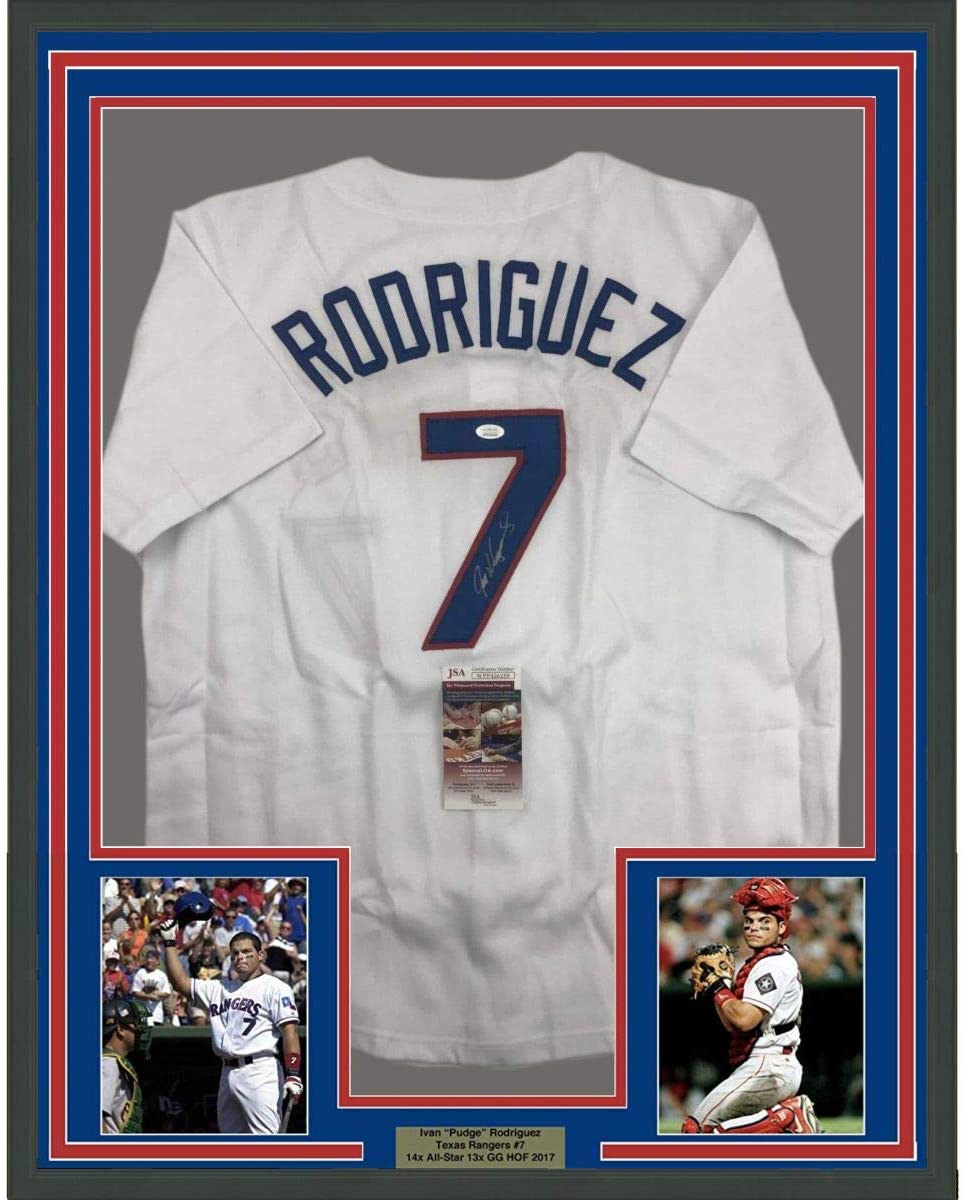 Framed Autographed/Signed Ivan Pudge Rodriguez 35x39 Texas White Baseball Jersey JSA COA