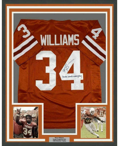Framed Autographed/Signed Ricky Williams 35x39 Smoke Weed Everyday Inscription Texas Orange College Football Jersey JSA COA