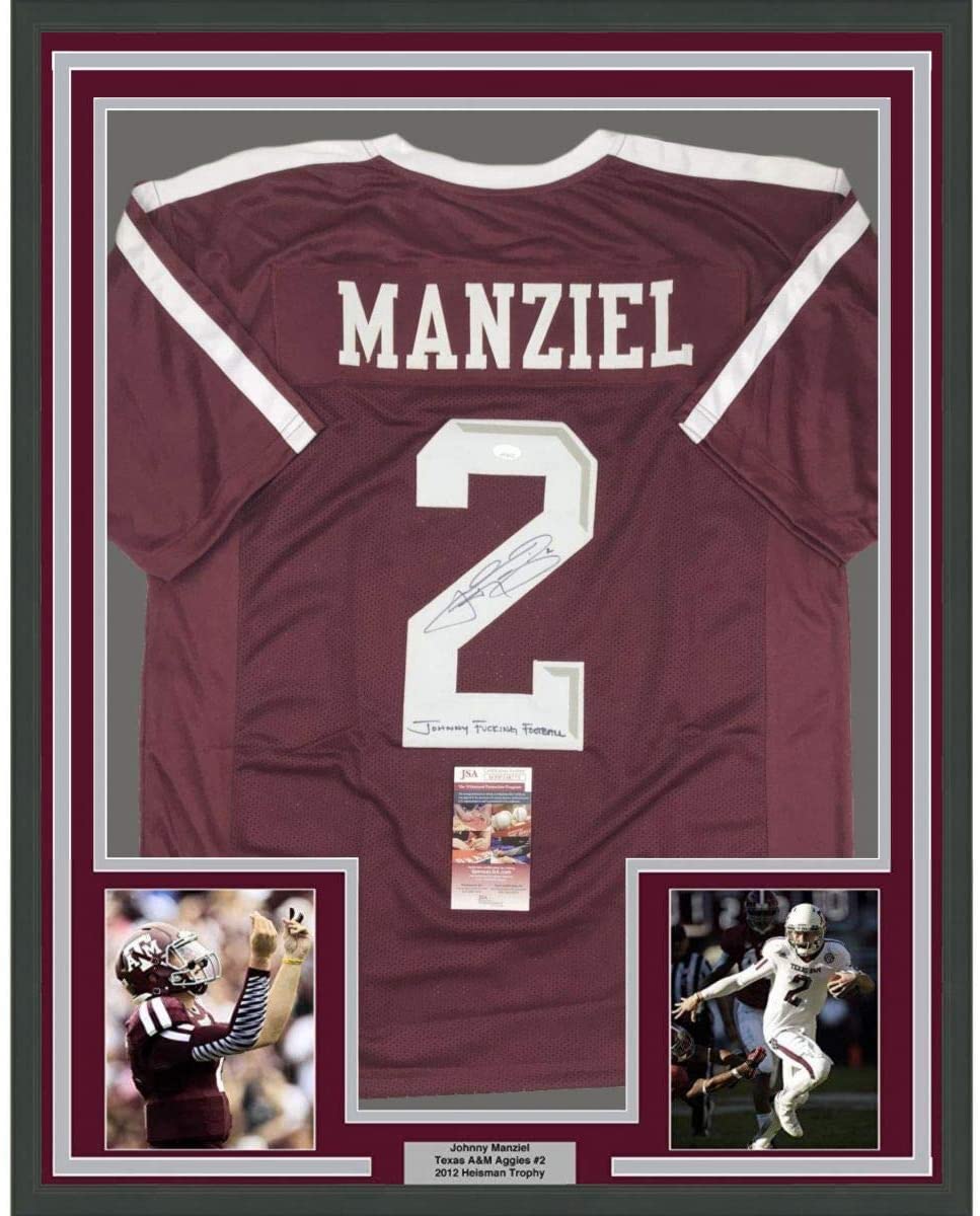 Framed Autographed/Signed Johnny FN Football Manziel 35x39 Texas A&M Maroon College Jersey JSA COA