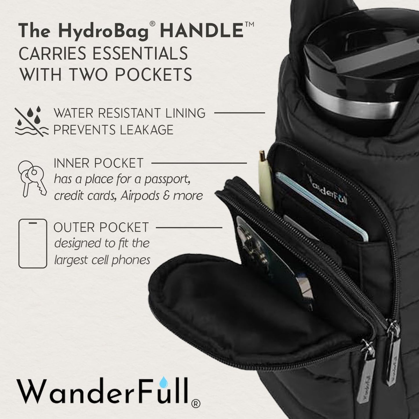 HydroBag® HANDLE®- Black Matte with Vegan Leather Trimmed Strap