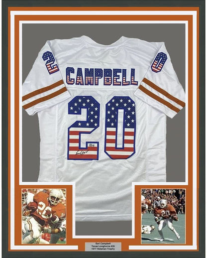 Framed Autographed/Signed Earl Campbell 35x39 Texas USA White Football Jersey Beckett BAS COA