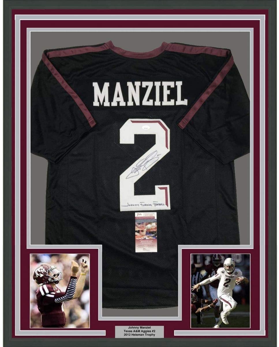 Framed Autographed/Signed Johnny FN Football Manziel 35x39 Texas A&M Black College Jersey JSA COA