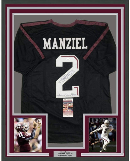 Framed Autographed/Signed Johnny FN Football Manziel 35x39 Texas A&M Black College Jersey JSA COA