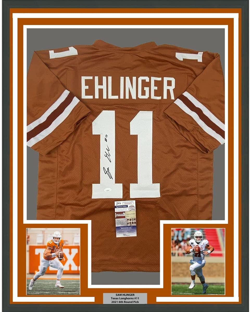 Framed Autographed/Signed Sam Ehlinger 35x39 Texas Orange College Football Jersey JSA COA
