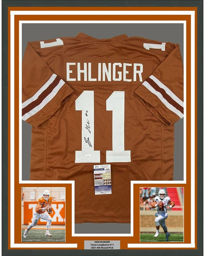 Framed Autographed/Signed Sam Ehlinger 35x39 Texas Orange College Football Jersey JSA COA