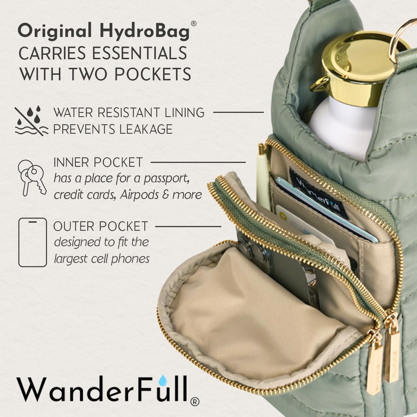 HydroBag® HANDLE® - Sage Green with Solid Vegan Leather Trimmed Strap