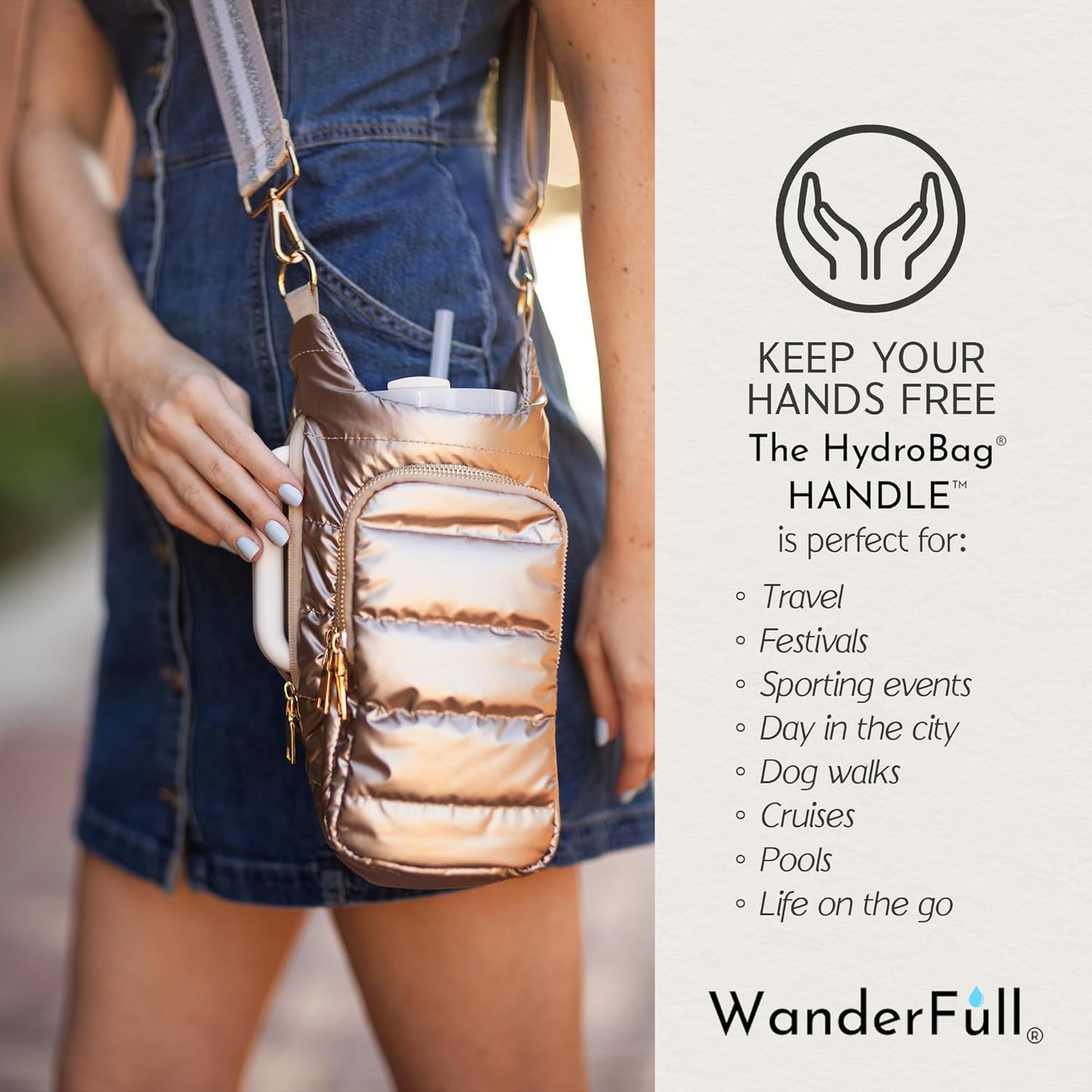 HydroBag® HANDLE®- Gold Shiny with Vegan Leather Trimmed Solid Strap