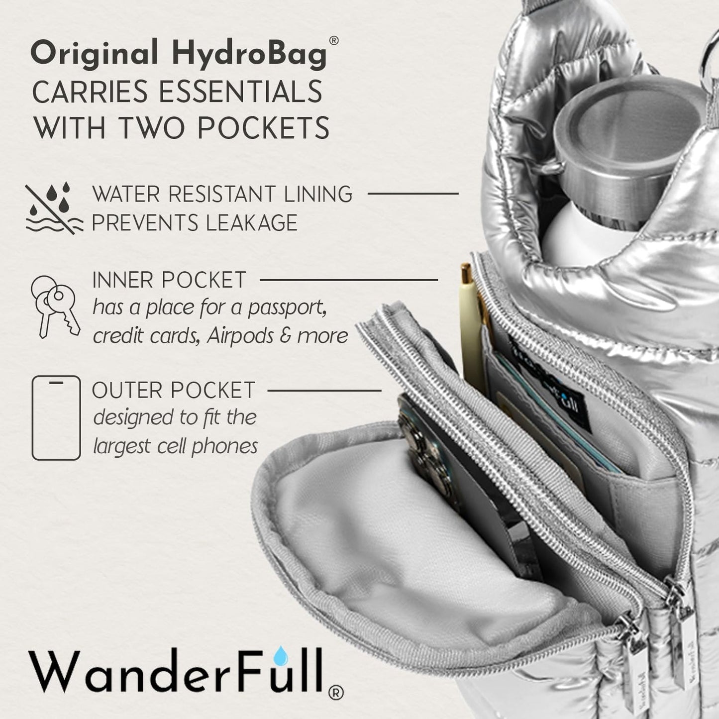 Silver Shiny HydroBag® with Solid Silver Strap