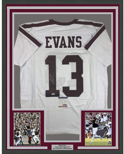 Framed Autographed/Signed Mike Evans 35x39 Texas A&M White College Football Jersey PSA/DNA COA