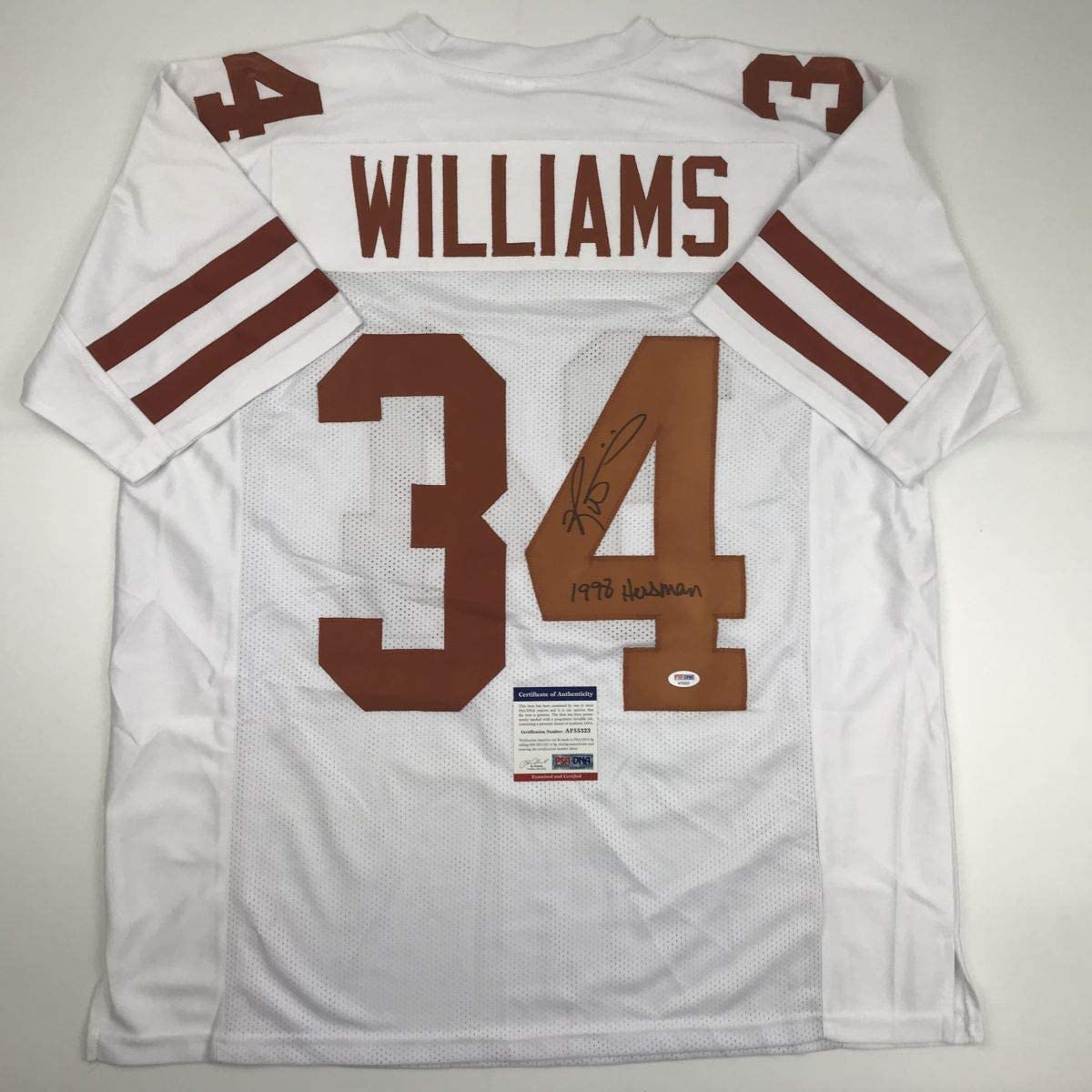 Autographed/Signed Ricky Williams 1998 Heisman Texas White College Football Jersey PSA/DNA COA