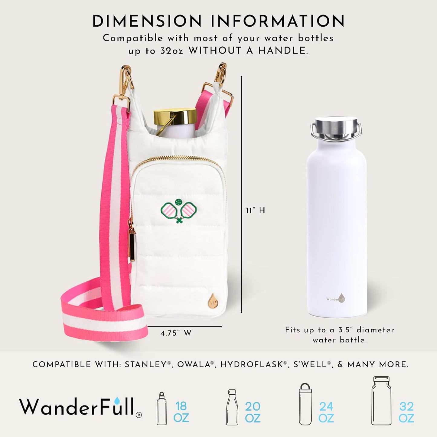 White HydroBag® with Pickleball Embroidery and Striped Strap