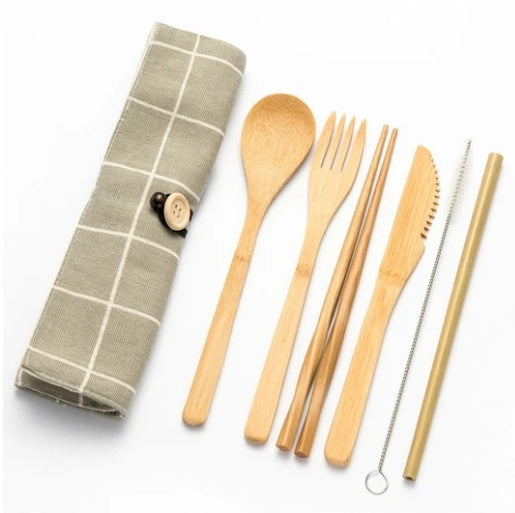 Bamboo Travel Cutlery Set – 9‑Piece Modern Minimalist Chopsticks & Spoon Bag