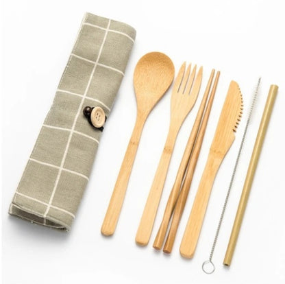 Bamboo Travel Cutlery Set – 9‑Piece Modern Minimalist Chopsticks & Spoon Bag