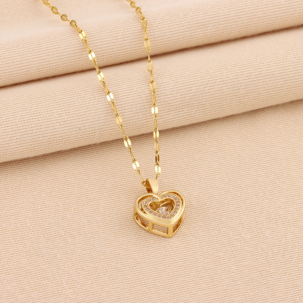 Double-layer Love Necklace With Rhinestones Titanium Steel Heart Pendant Fashion Jewelry Woman Valentines Day Gift