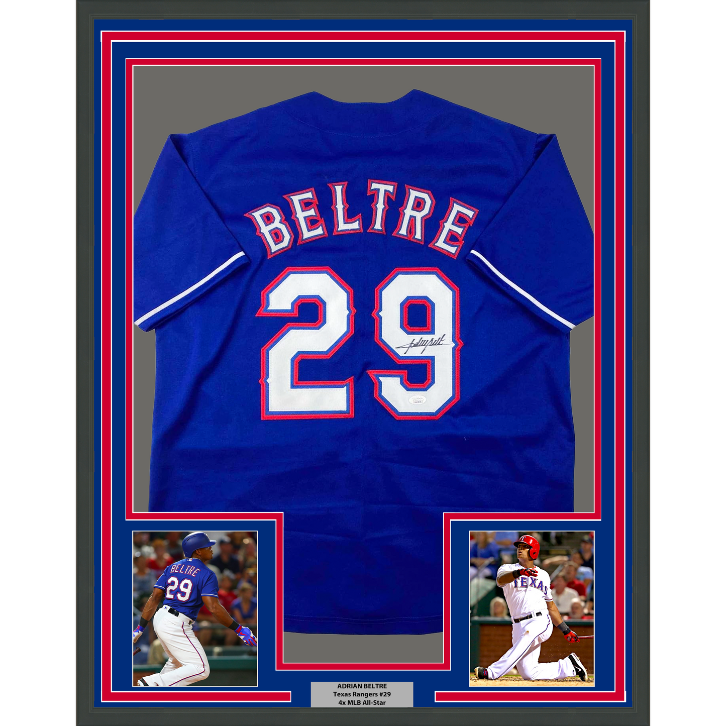 Framed Autographed/Signed Adrian Beltre 35x39 Texas Blue Baseball Jersey JSA COA