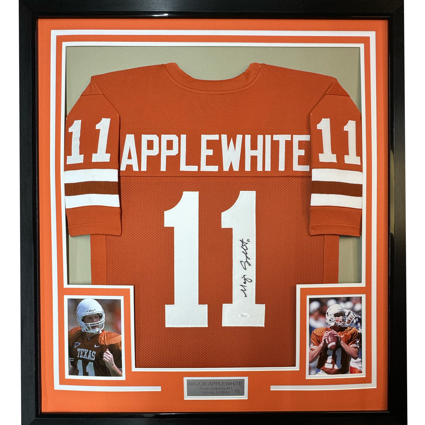 Framed Autographed/Signed Major Applewhite 35x39 Texas Orange College Football Jersey JSA COA