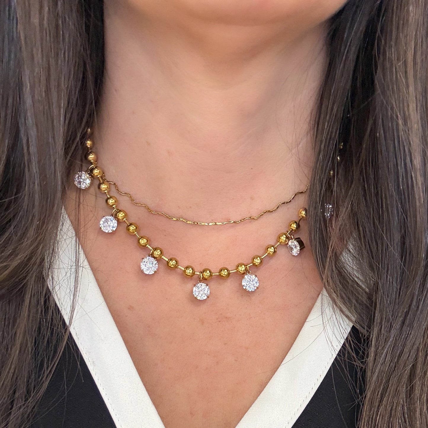 Gold Beaded CZ Drop Necklace