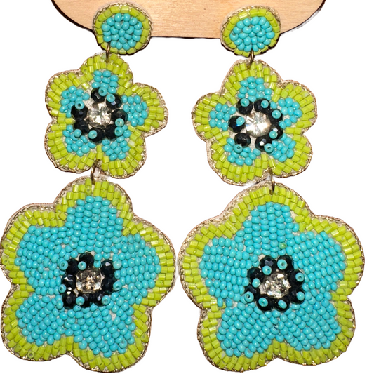 Beaded Flower Earrings - Blue