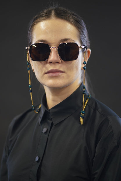 Blue Tiger’s Eye Brass Eyewear Chain – Bold Style with Meaningful Detail