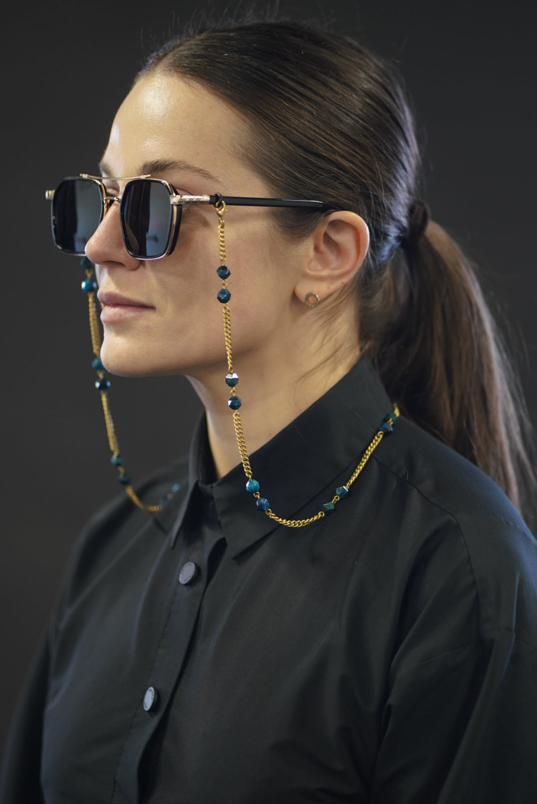 Blue Tiger’s Eye Brass Eyewear Chain – Bold Style with Meaningful Detail