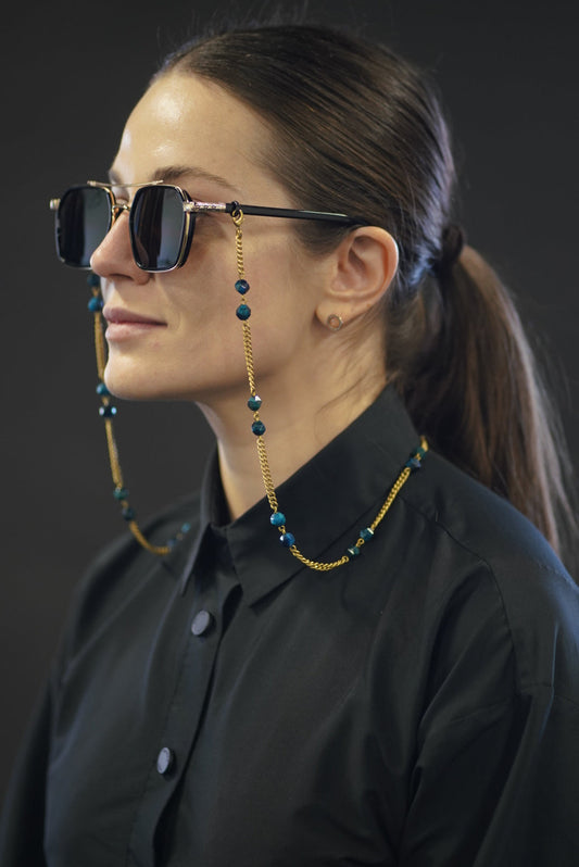 Blue Tiger’s Eye Brass Eyewear Chain – Bold Style with Meaningful Detail