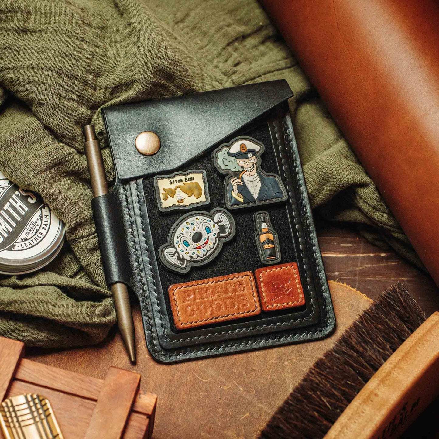 The Steersman – Handmade Leather EDC Journal Cover with Angled Velcro Patch Window, Brass Hardware &amp; Pen Loop | Field Notes Notebook Holder