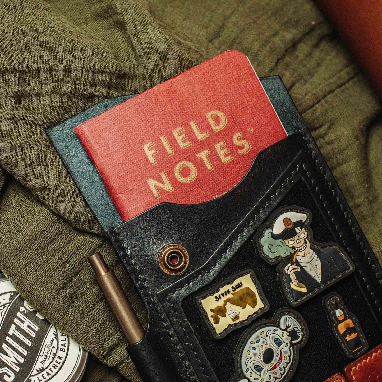 The Steersman – Handmade Leather EDC Journal Cover with Angled Velcro Patch Window, Brass Hardware &amp; Pen Loop | Field Notes Notebook Holder