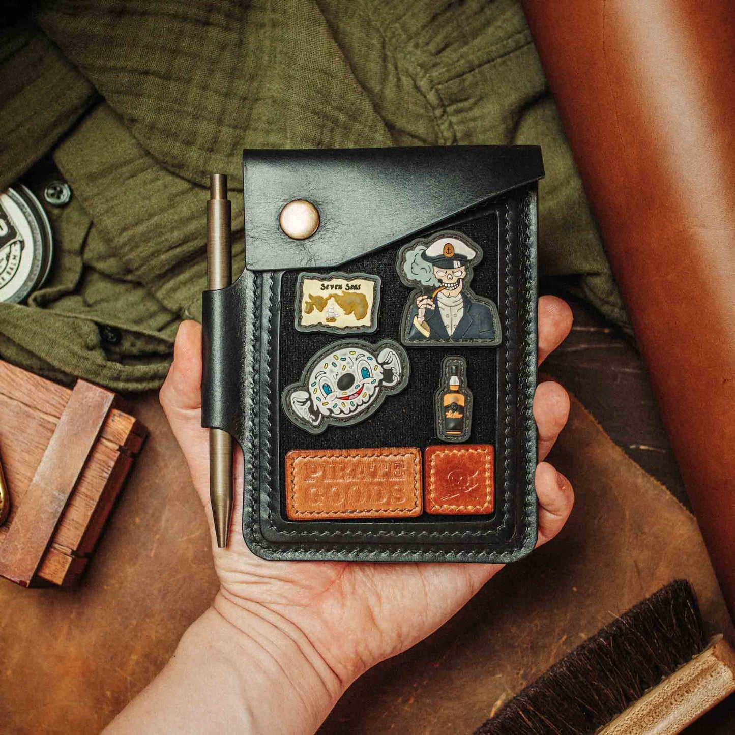 The Steersman – Handmade Leather EDC Journal Cover with Angled Velcro Patch Window, Brass Hardware &amp; Pen Loop | Field Notes Notebook Holder