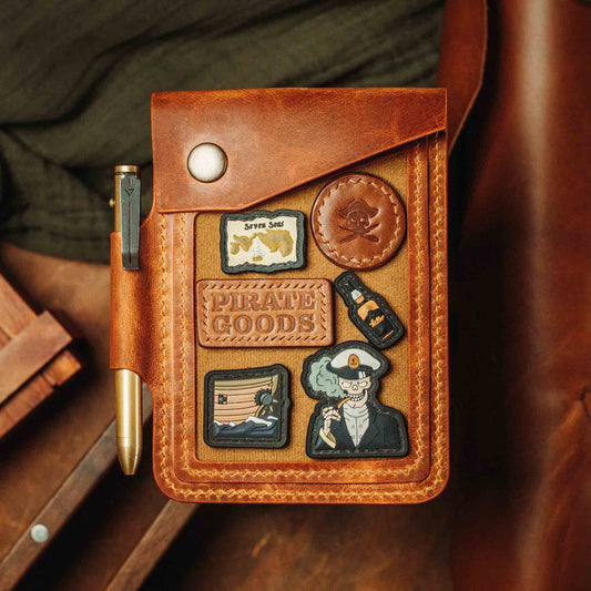 The Steersman – Handmade Leather EDC Journal Cover with Angled Velcro Patch Window, Brass Hardware &amp; Pen Loop | Field Notes Notebook Holder