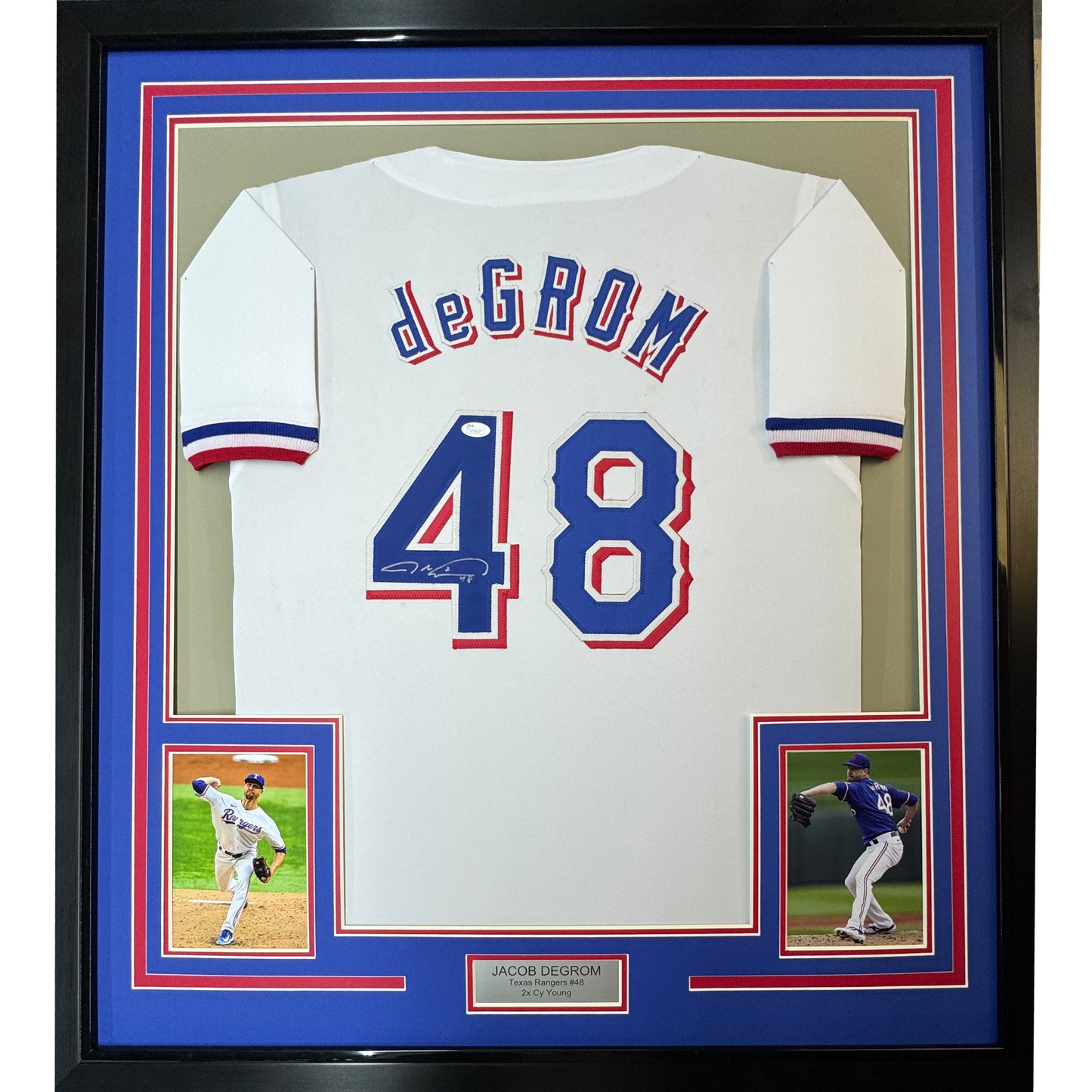 Framed Autographed/Signed Jacob DeGrom 35x39 Texas White Baseball Jersey JSA COA