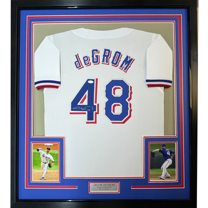 Framed Autographed/Signed Jacob DeGrom 35x39 Texas White Baseball Jersey JSA COA