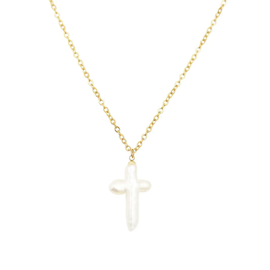 Gold Freshwater Pearl Cross Necklace