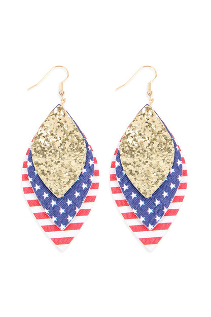 Usa Flag With Sequin Marquise Layered Leather Drop Earrings