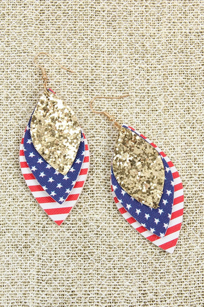 Usa Flag With Sequin Marquise Layered Leather Drop Earrings