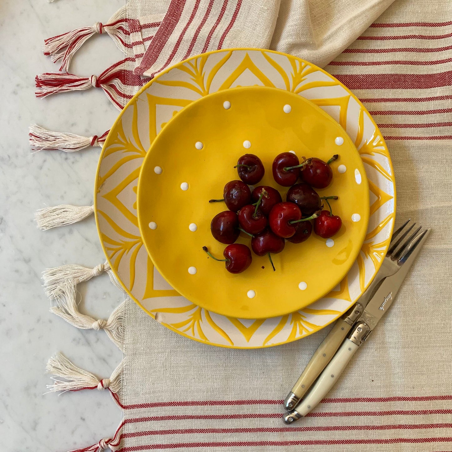 Kayseri Linen Tablecloth Set -  Mediterranean Style- Red & Ecru