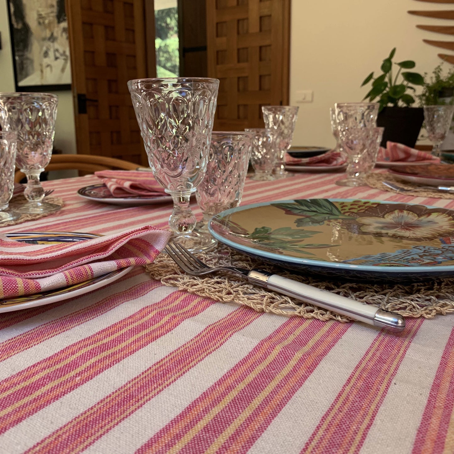 Andana Striped Tablecloth Set – Magenta | Eco‑Friendly Mediterranean Dining Linen Set