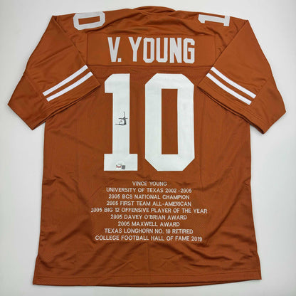 Autographed/Signed Vince Young Texas Orange Stat College Football Jersey JSA COA
