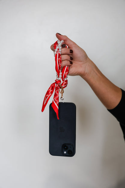 Woven Scarf Pearl Phone Strap/Wristlet - Burnt Orange