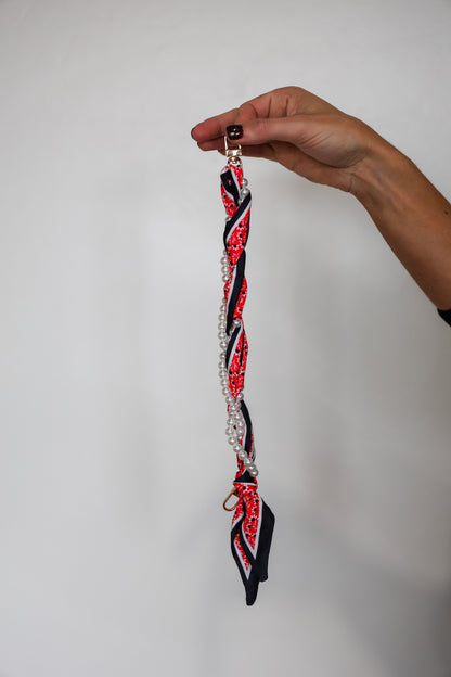 Woven Scarf Pearl Phone Strap/Wristlet - Black & Red