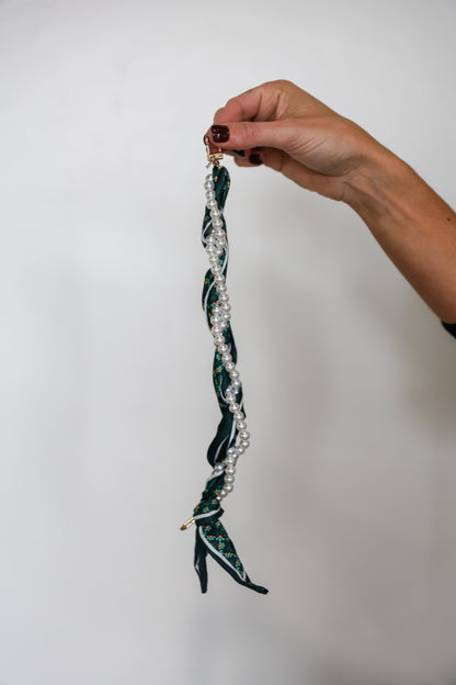 Woven Scarf Pearl Phone Strap/Wristlet - Green & Gold