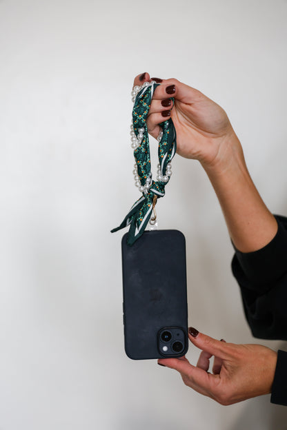 Woven Scarf Pearl Phone Strap/Wristlet - Green & Gold