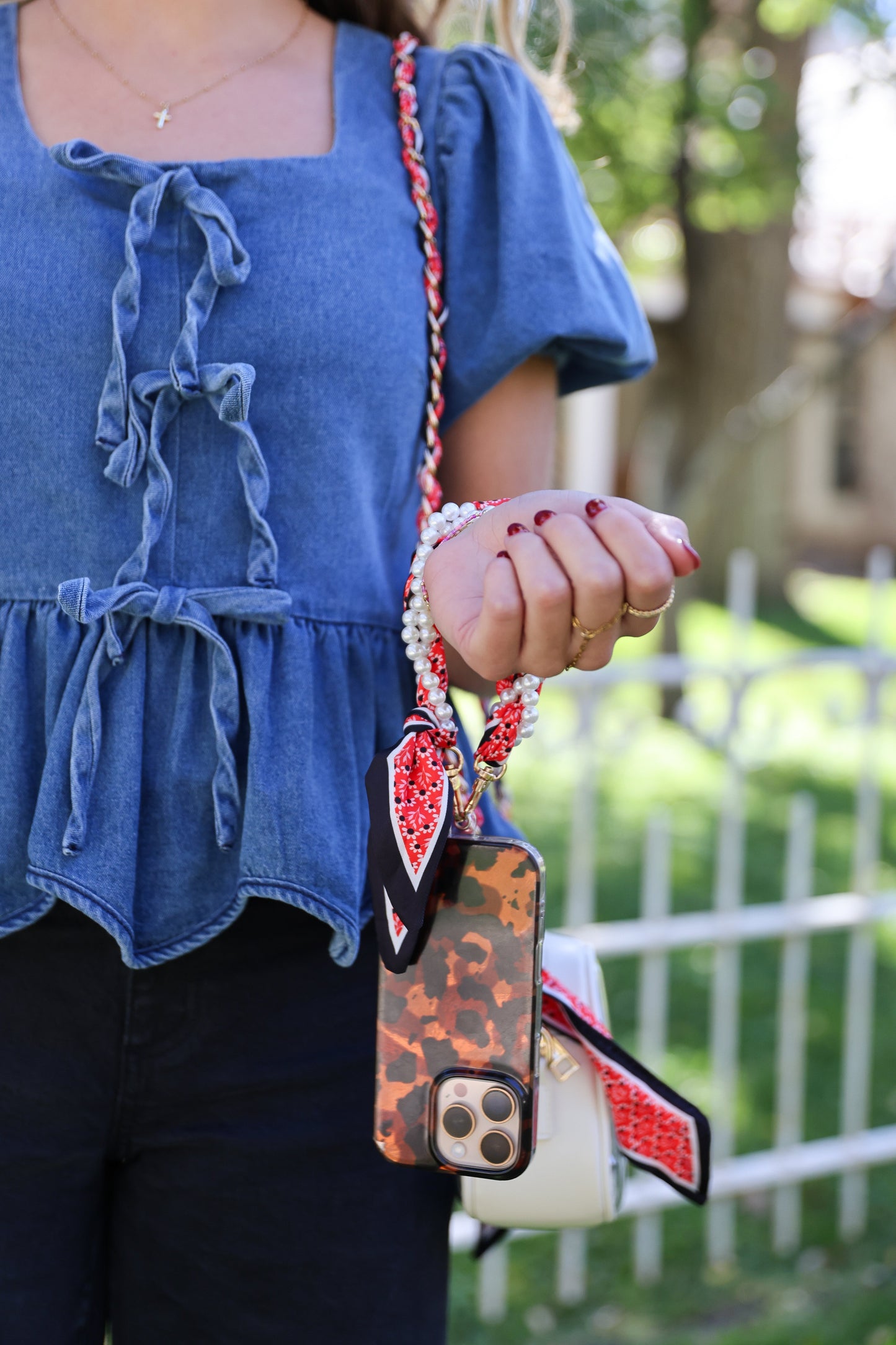 Woven Scarf Pearl Phone Strap/Wristlet - Black & Red