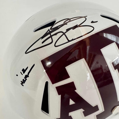 Autographed/Signed Johnny Manziel 12 Heisman Texas A&M Aggies White Full Size FS F/S Replica College Football Helmet Beckett BAS COA