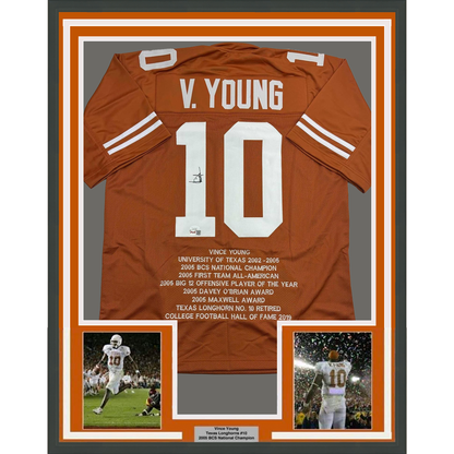 Framed Autographed/Signed Vince Young 35x39 Texas Orange Stat College Football Jersey JSA COA