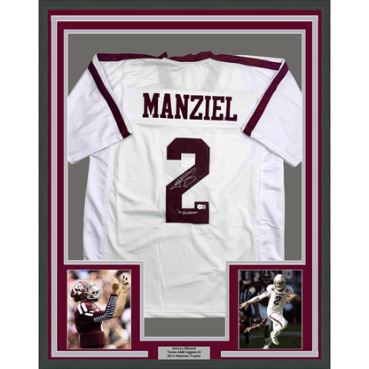 Framed Autographed/Signed Johnny Manziel 12 Heisman 35x39 Texas A&M White College Football Jersey JSA COA