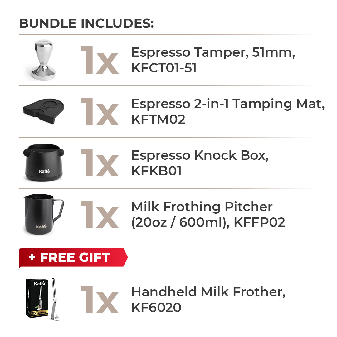 Barista Essentials Espresso Bundle – 51mm Tamper, Tamping Mat, Knock Box, 20oz Frothing Pitcher + FREE Milk Frother